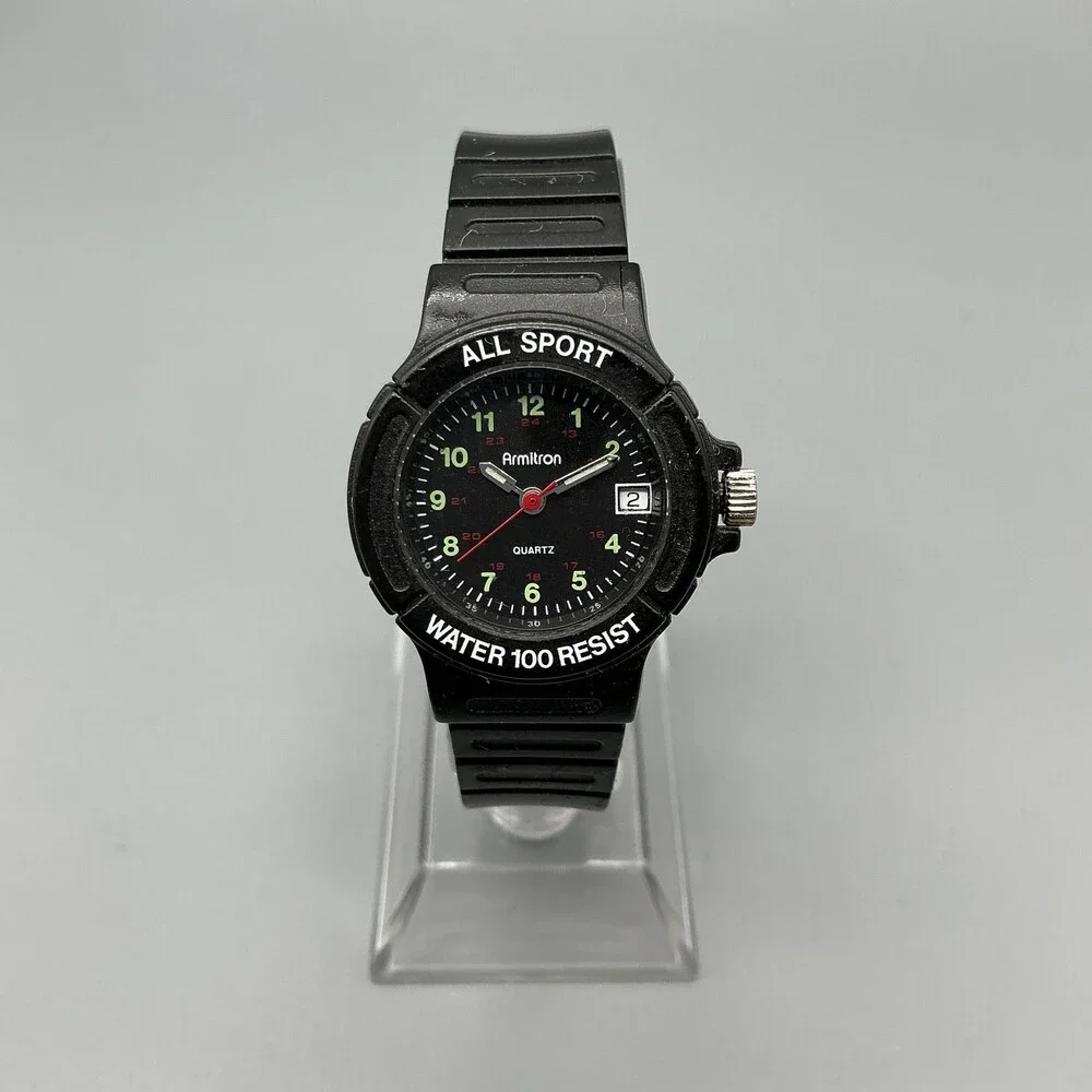 Vtg Armitron All Sport Mens Watch 28mm Black Dial Rubber Date New Battery